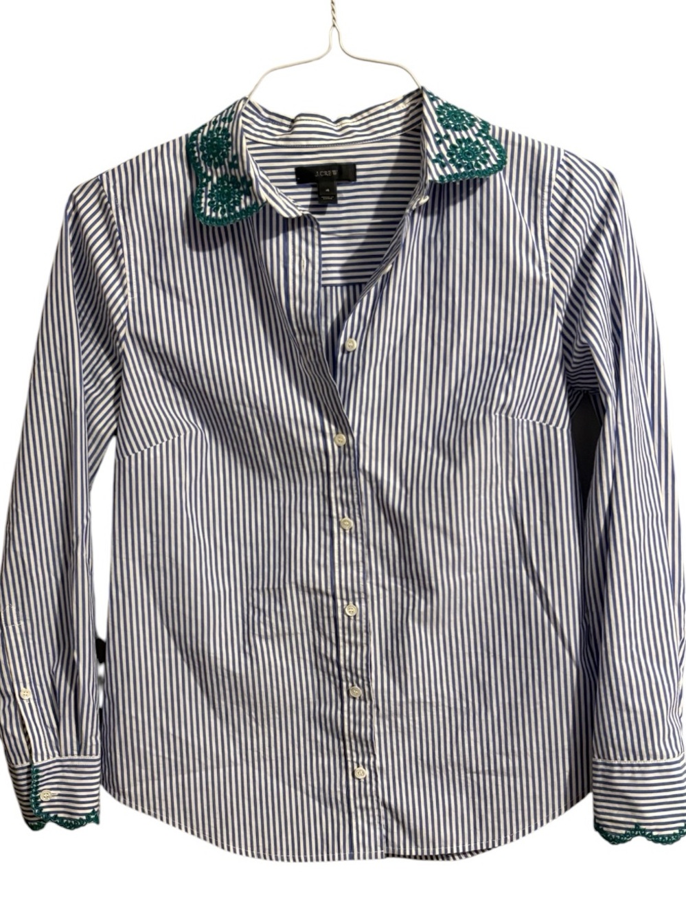 J. Crew Navy and White Striped Button-Down Shirt with Green Trim